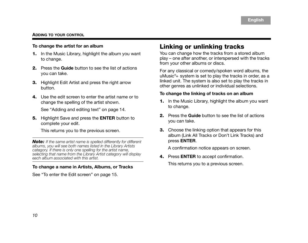 Bose AM320927 Linking or unlinking tracks, To change the artist for an album, To change the linking of tracks on an album 