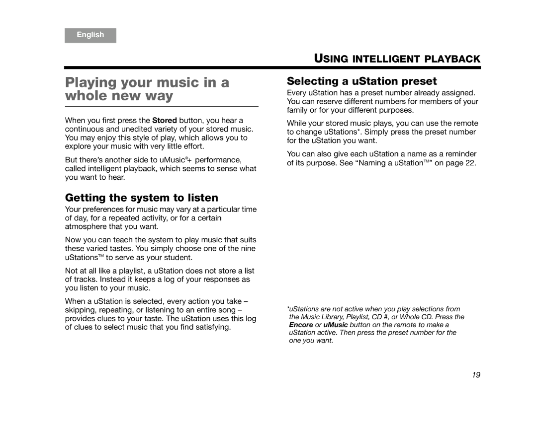 Bose AM320927 manual Playing your music in a whole new way, Selecting a uStation preset, Getting the system to listen 