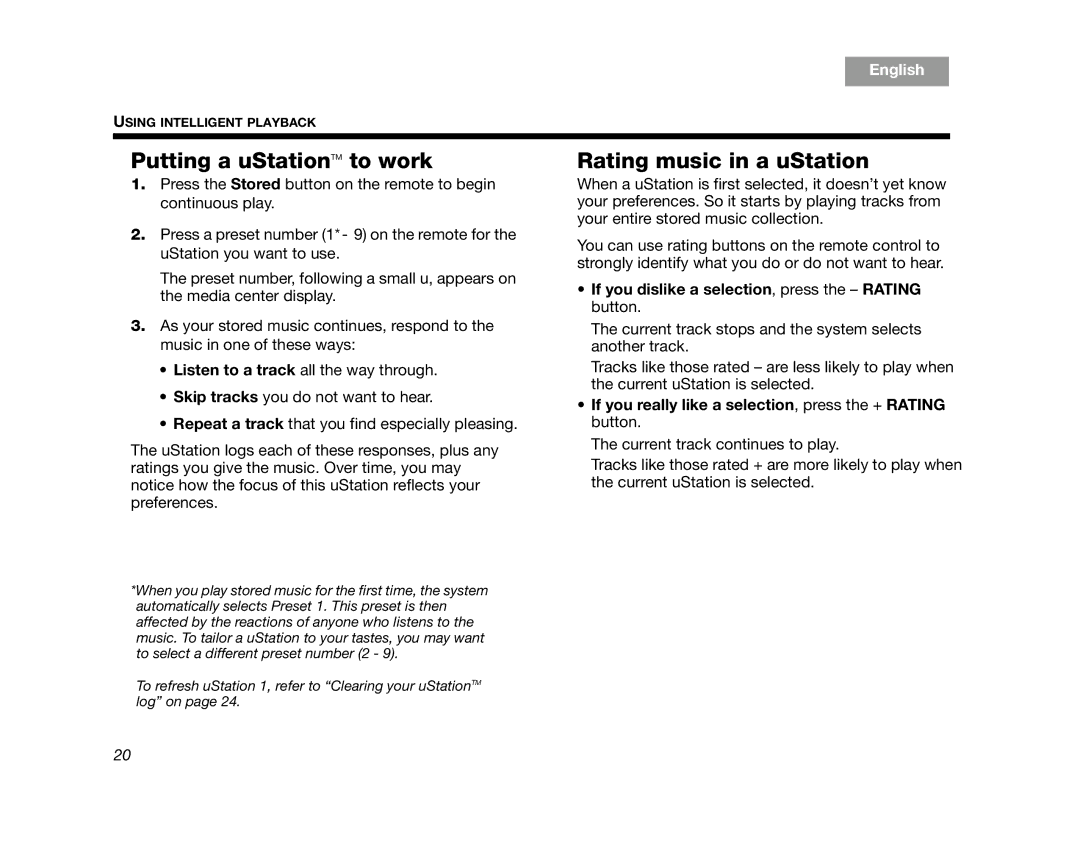 Bose AM320927 manual Putting a uStationTM to work, Rating music in a uStation 