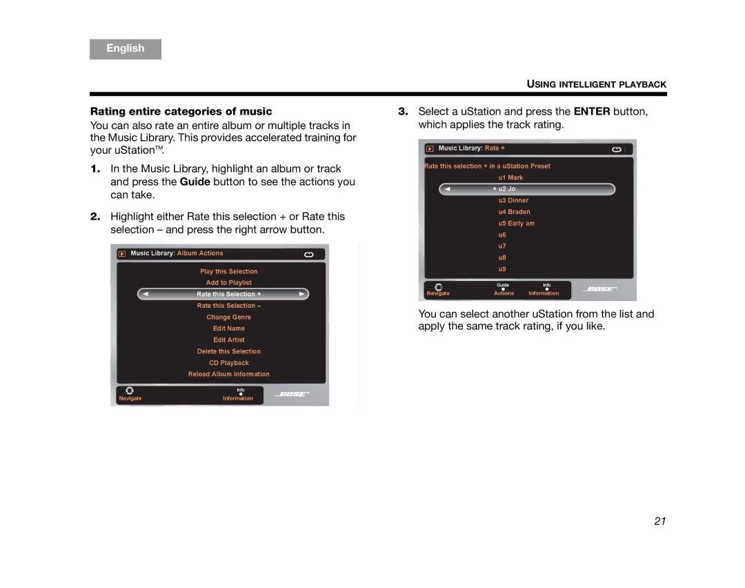Bose AM320927 manual Rating entire categories of music, Rate this Selection + 