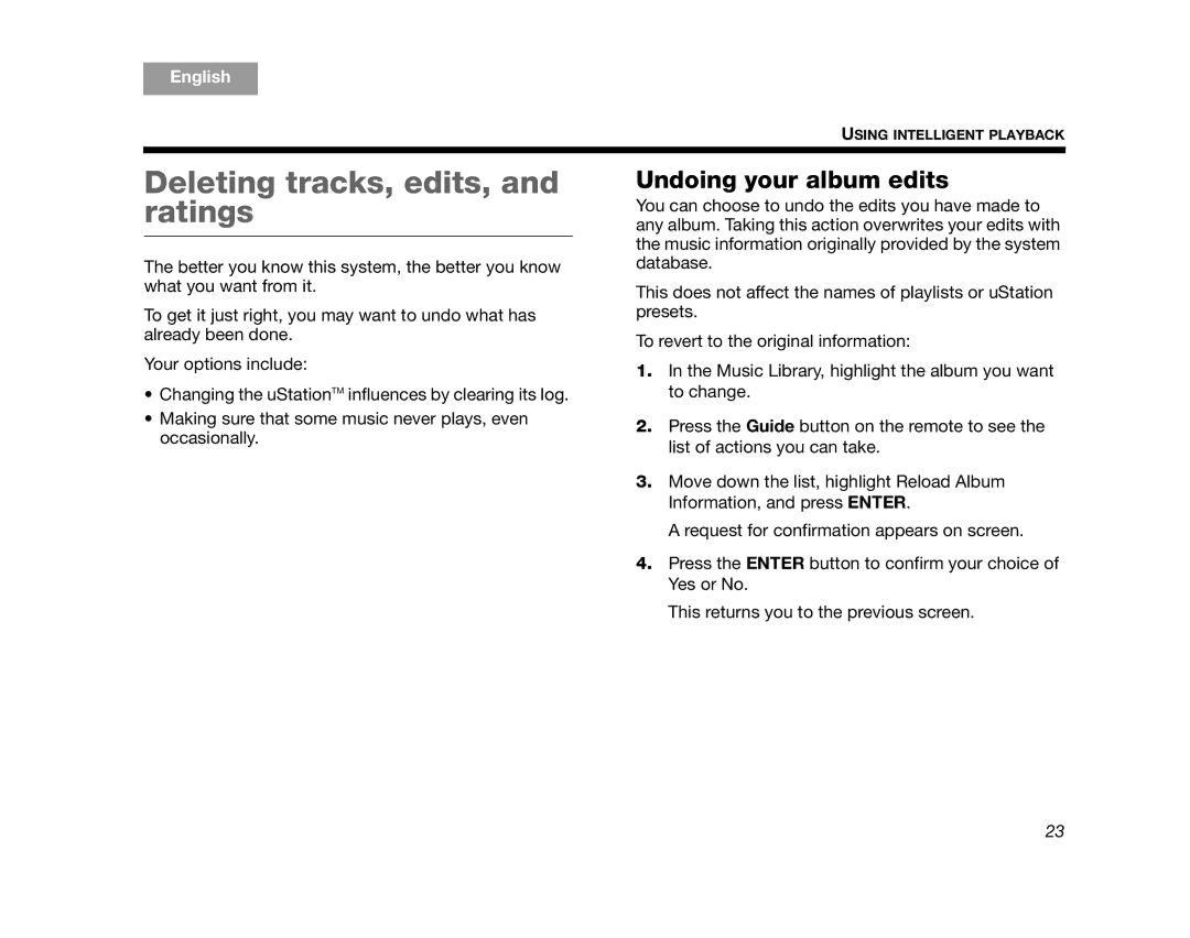 Bose AM320927 manual Deleting tracks, edits, and ratings, Undoing your album edits 