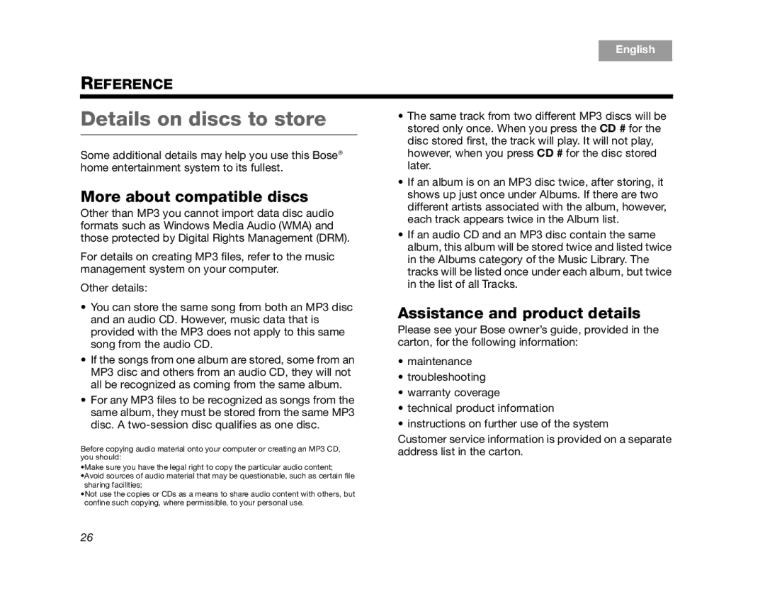 Bose AM320927 manual Details on discs to store, More about compatible discs, Assistance and product details 