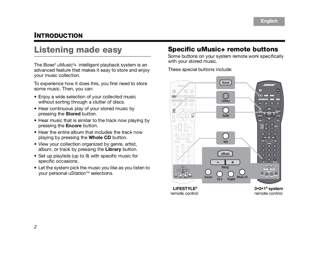 Bose AM320927 manual Listening made easy, Specific uMusic+ remote buttons 