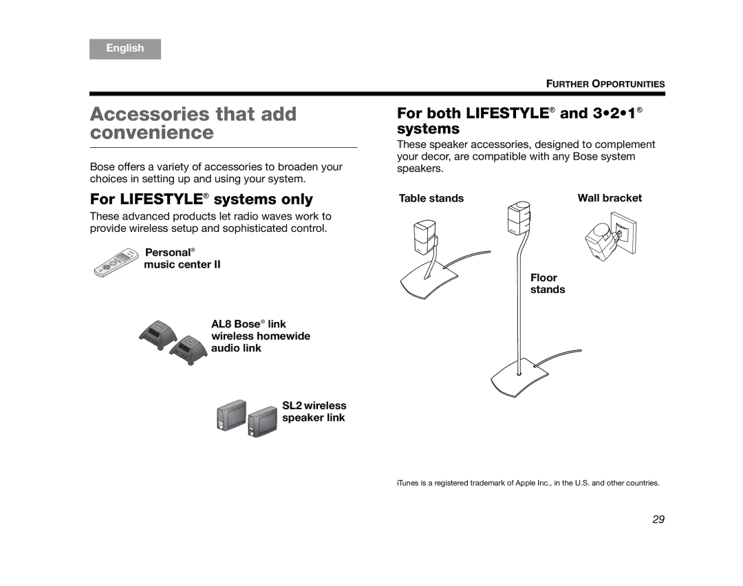 Bose AM320927 manual Accessories that add convenience, For Lifestyle systems only, For both Lifestyle and 321 systems 