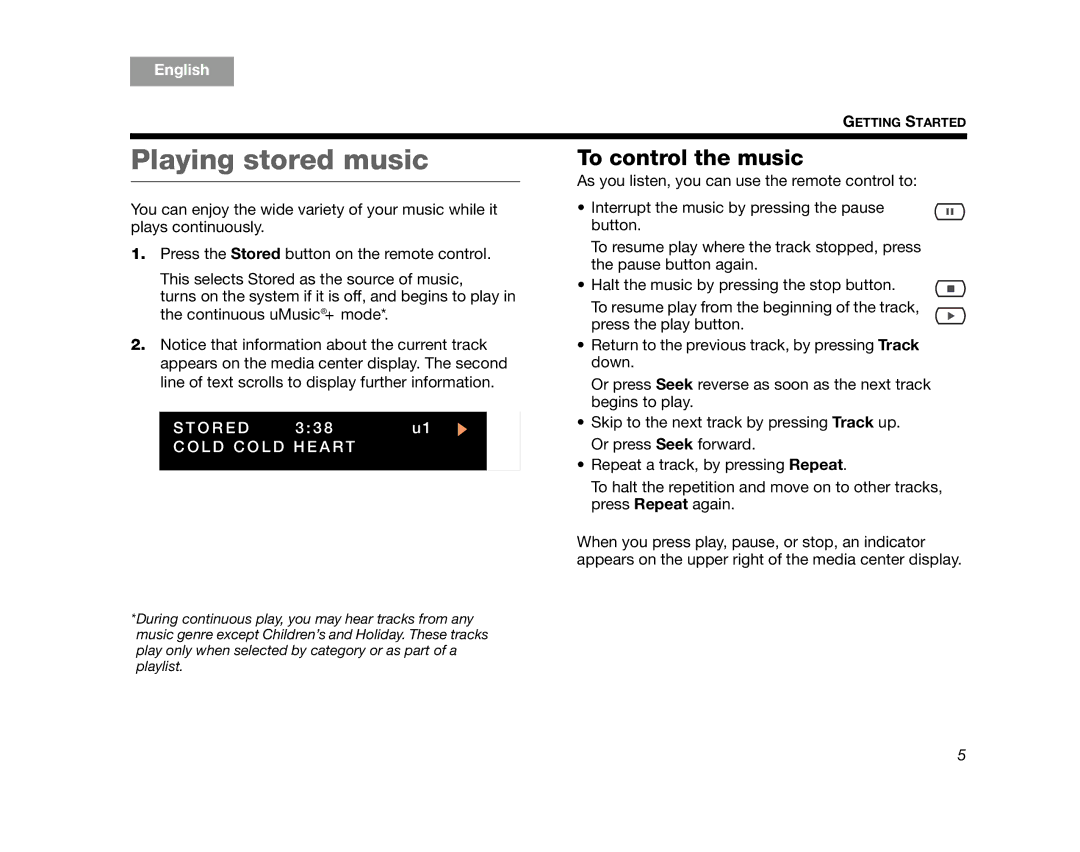 Bose AM320927 manual Playing stored music, To control the music 