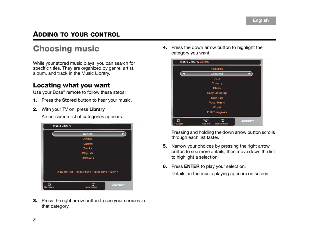 Bose AM320927 manual Choosing music, Locating what you want 