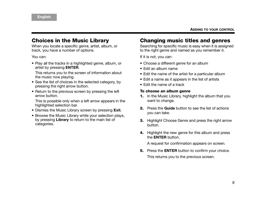 Bose AM320927 manual Choices in the Music Library, Changing music titles and genres, To choose an album genre, English 