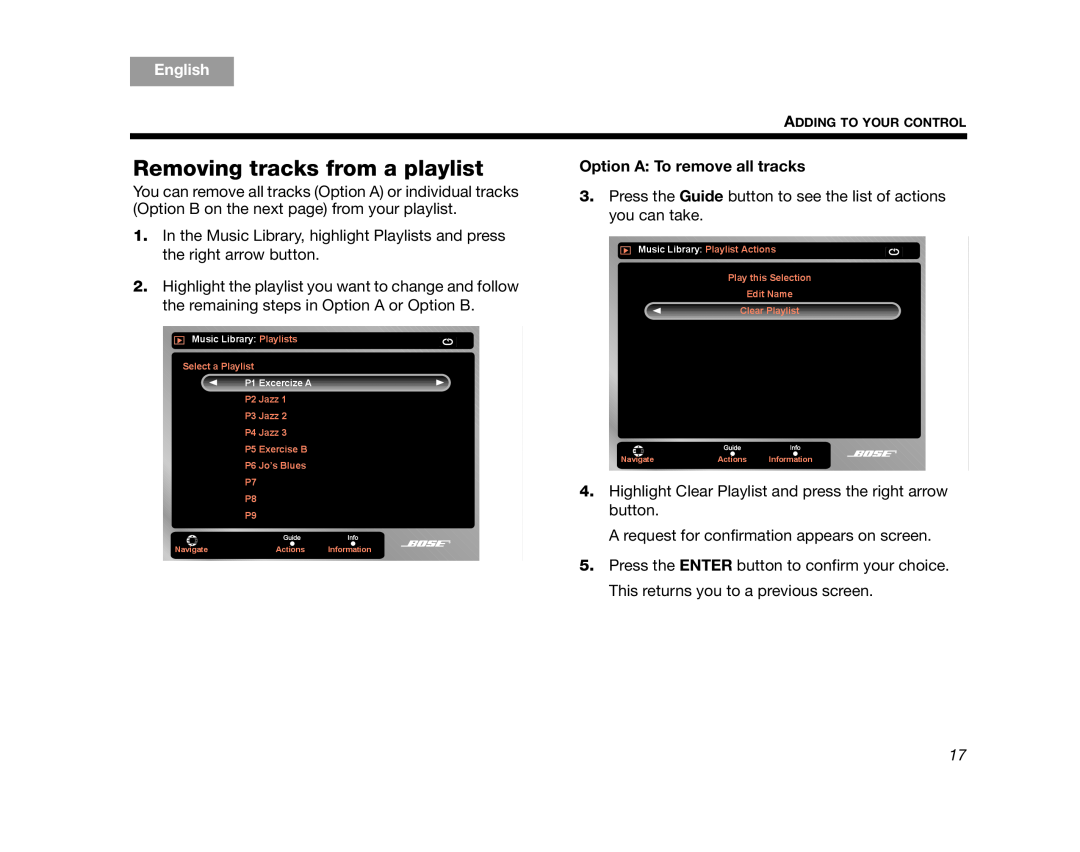 Bose AM320927 manual Removing tracks from a playlist, Option A To remove all tracks, English 