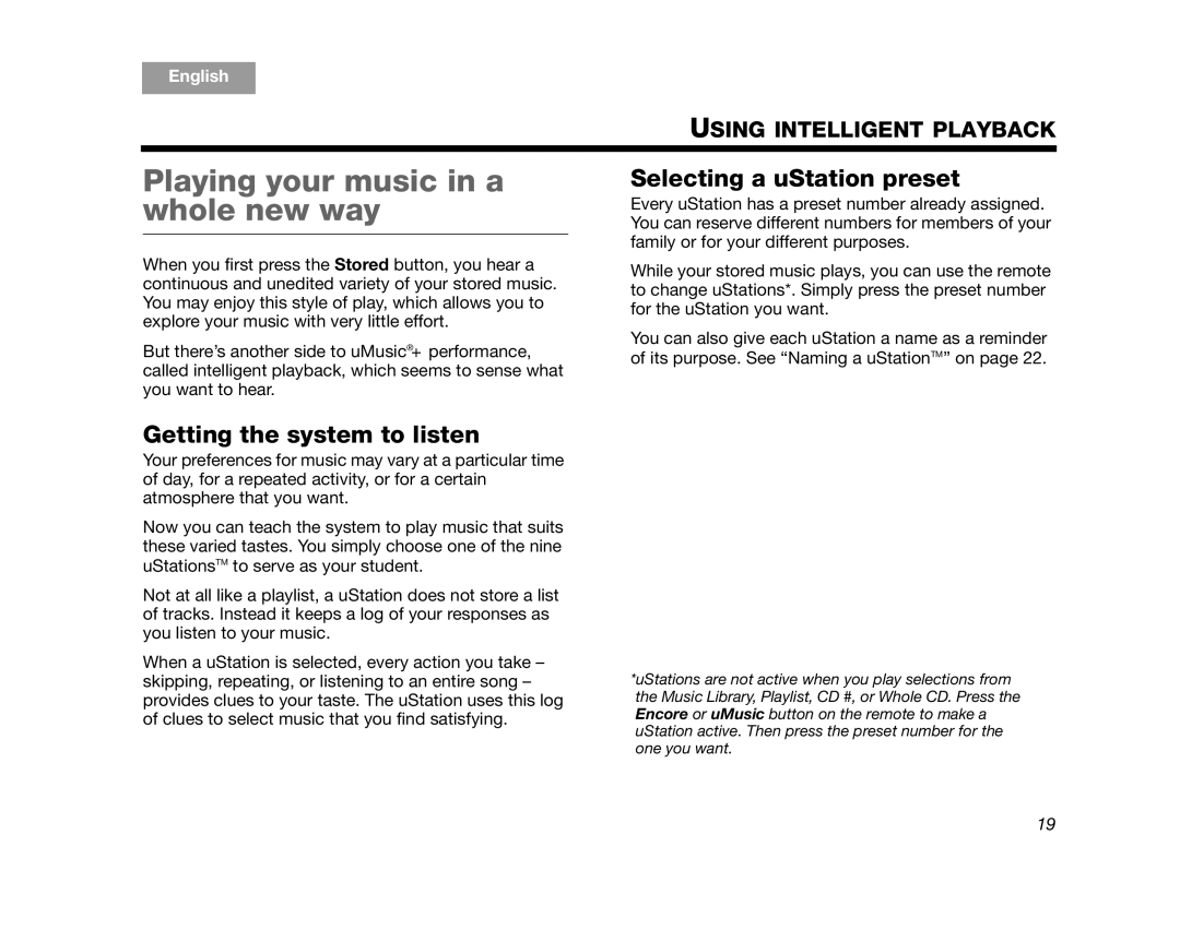 Bose AM320927 Playing your music in a whole new way, Selecting a uStation preset, Getting the system to listen, English 