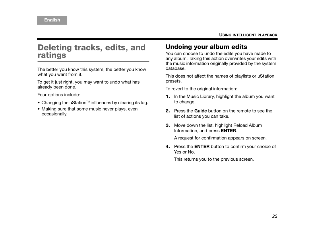 Bose AM320927 manual Deleting tracks, edits, and ratings, Undoing your album edits, English 