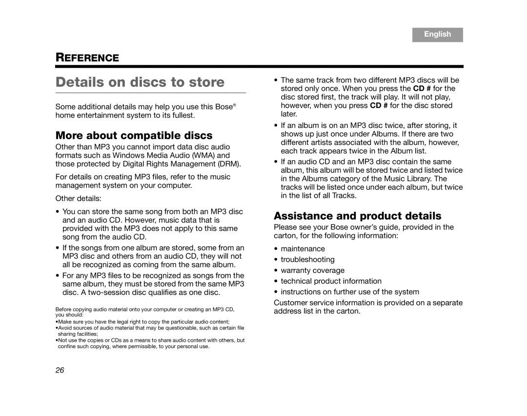 Bose AM320927 Details on discs to store, More about compatible discs, Assistance and product details, Reference, English 