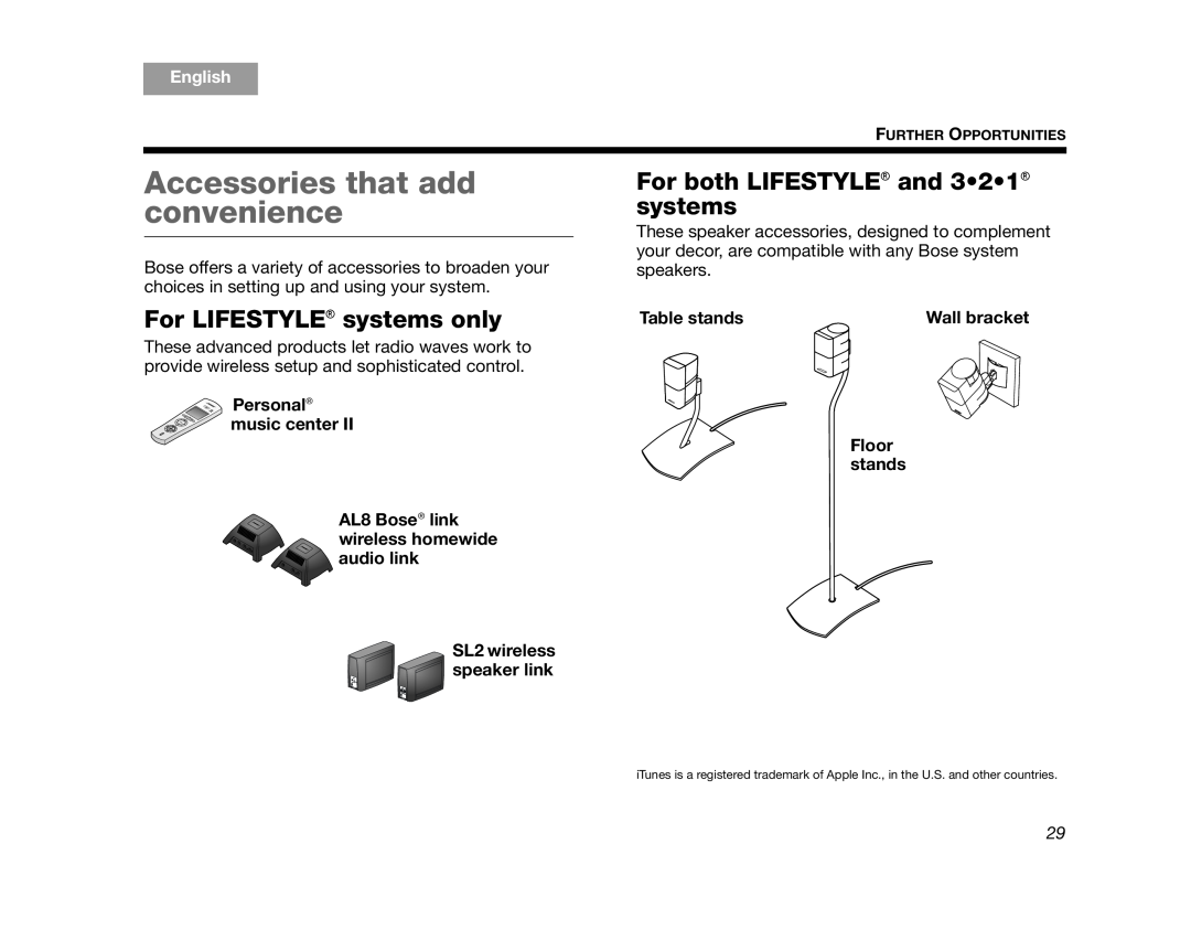 Bose AM320927 Accessories that add convenience, For LIFESTYLE systems only, For both LIFESTYLE and 3 2 1 systems, English 