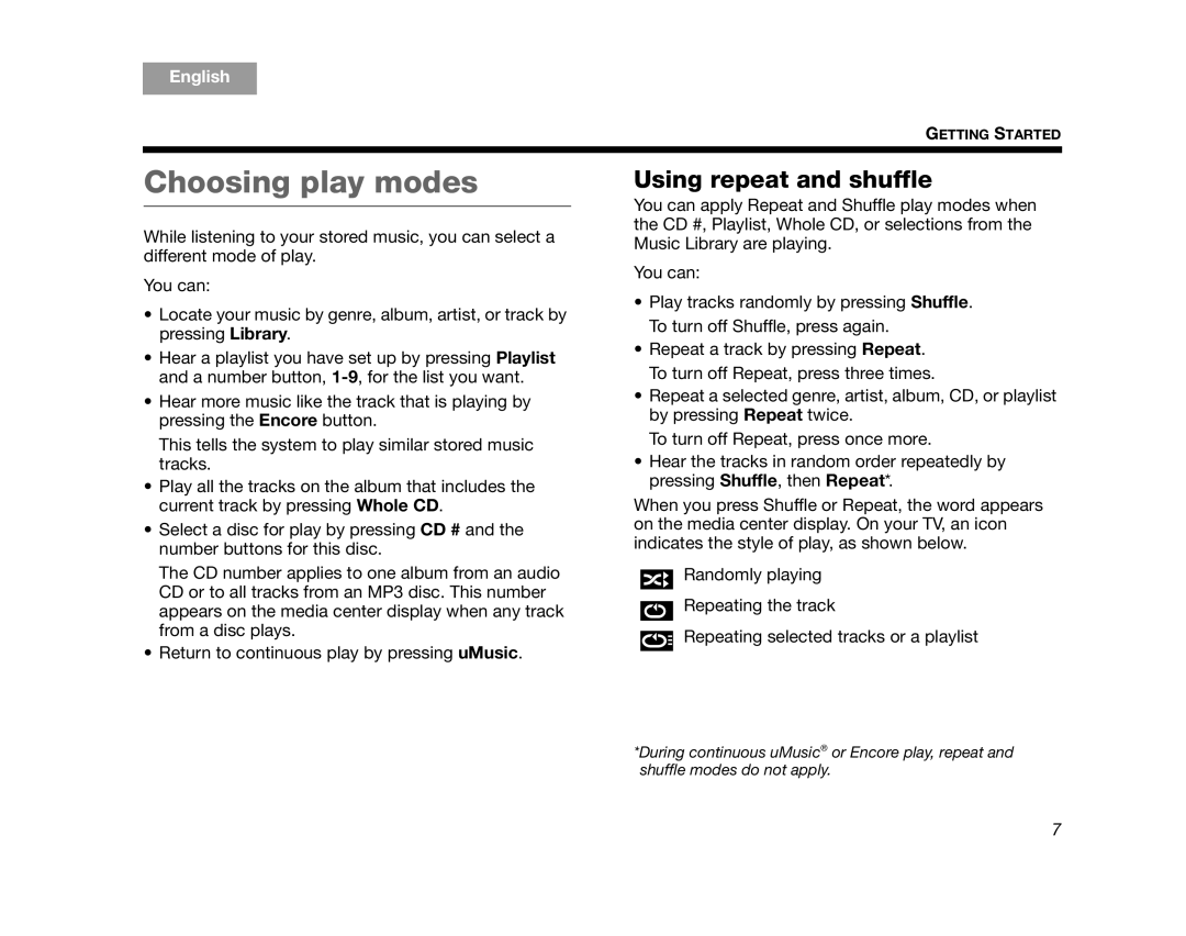 Bose AM320927 manual Choosing play modes, Using repeat and shuffle, English 