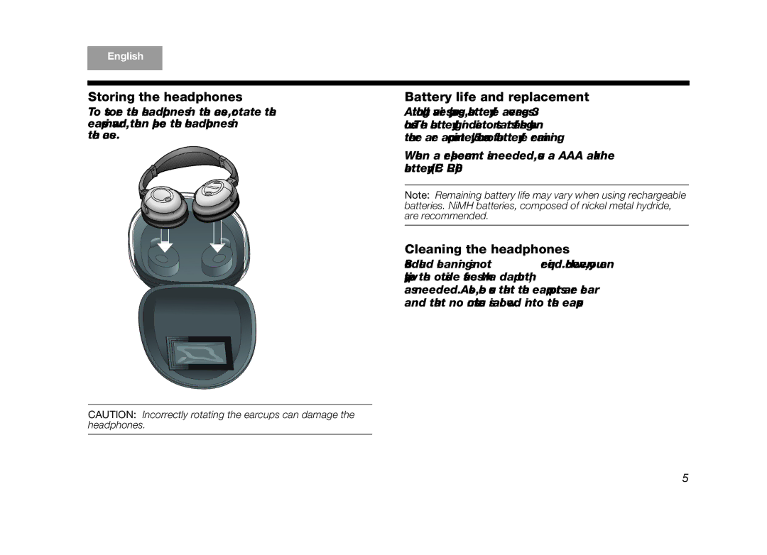 Bose AM323648 manual Storing the headphones, Battery life and replacement, Cleaning the headphones 