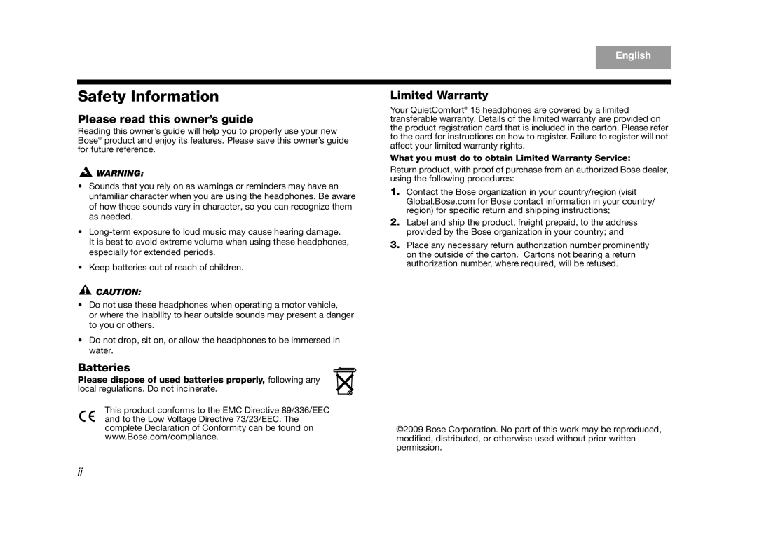 Bose AM323648 manual Safety Information, Please read this owner’s guide, Batteries, Limited Warranty, Tab, English, TAB 2 