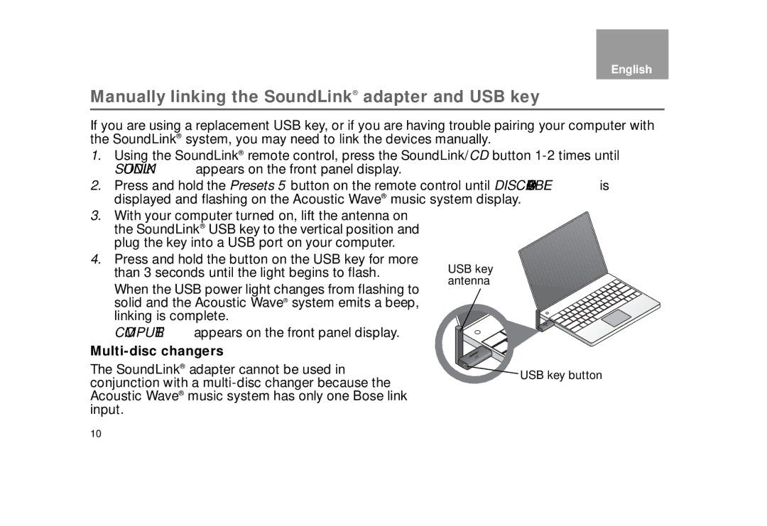 Bose AM323699 manual Manually linking the SoundLink adapter and USB key, Multi-disc changers 