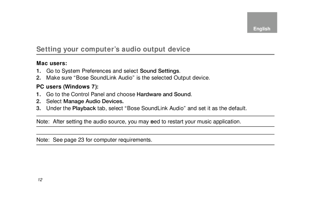 Bose AM323699 manual Setting your computer’s audio output device, Mac users, PC users Windows 