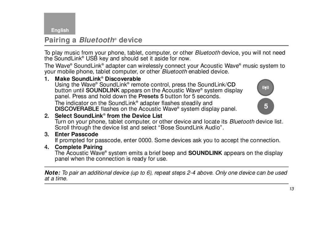 Bose AM323699 manual Pairing a Bluetooth device, Make SoundLink Discoverable, Select SoundLink from the Device List 