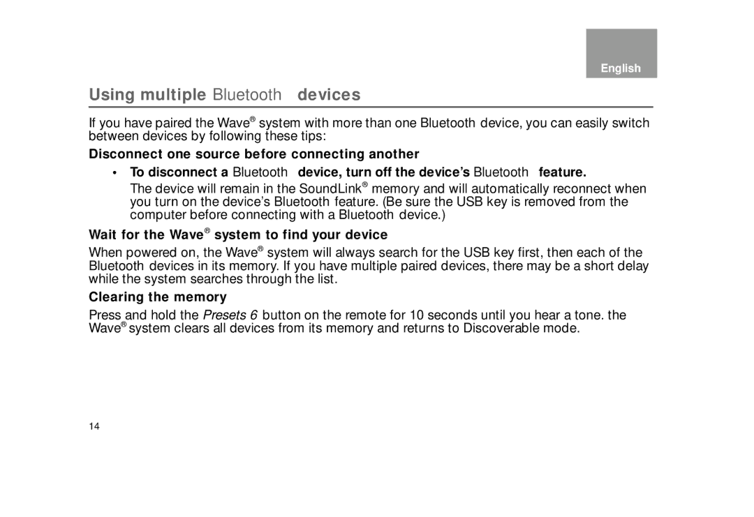 Bose AM323699 manual Using multiple Bluetooth devices, Wait for the Wave system to find your device, Clearing the memory 