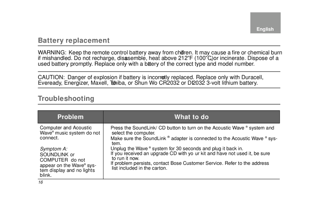 Bose AM323699 manual Battery replacement, Troubleshooting 