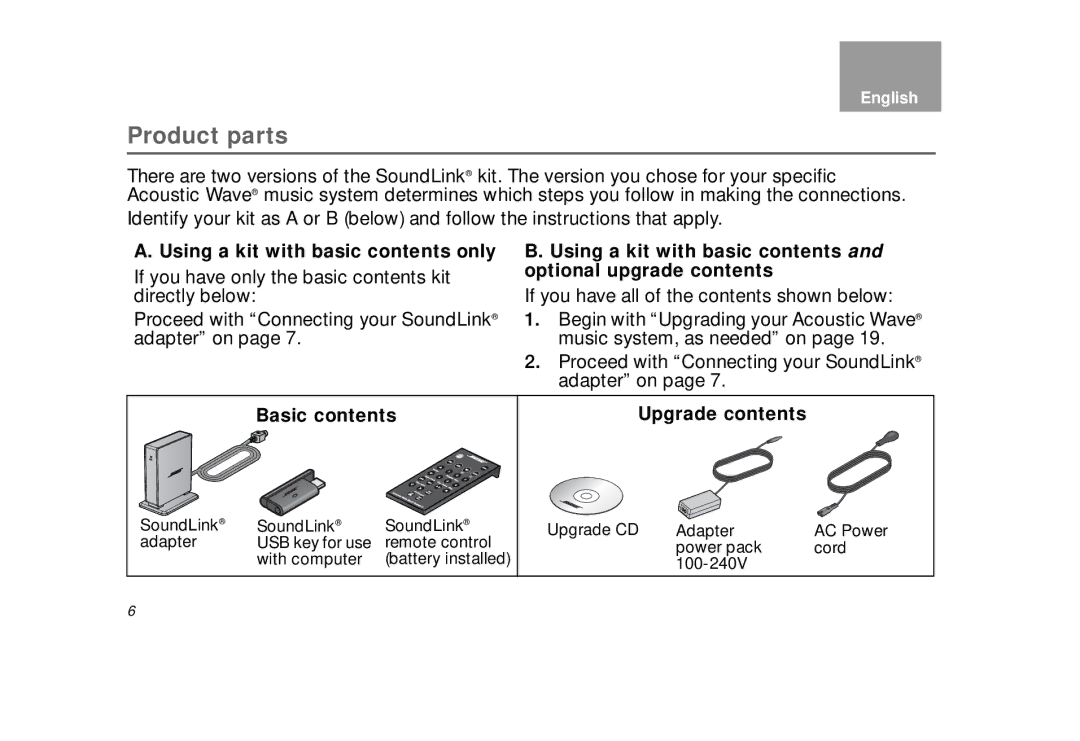 Bose AM323699 manual Product parts, Using a kit with basic contents only, Basic contents, Upgrade contents 