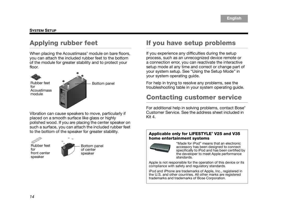 Bose AM324443 setup guide Applying rubber feet, If you have setup problems, Contacting customer service 