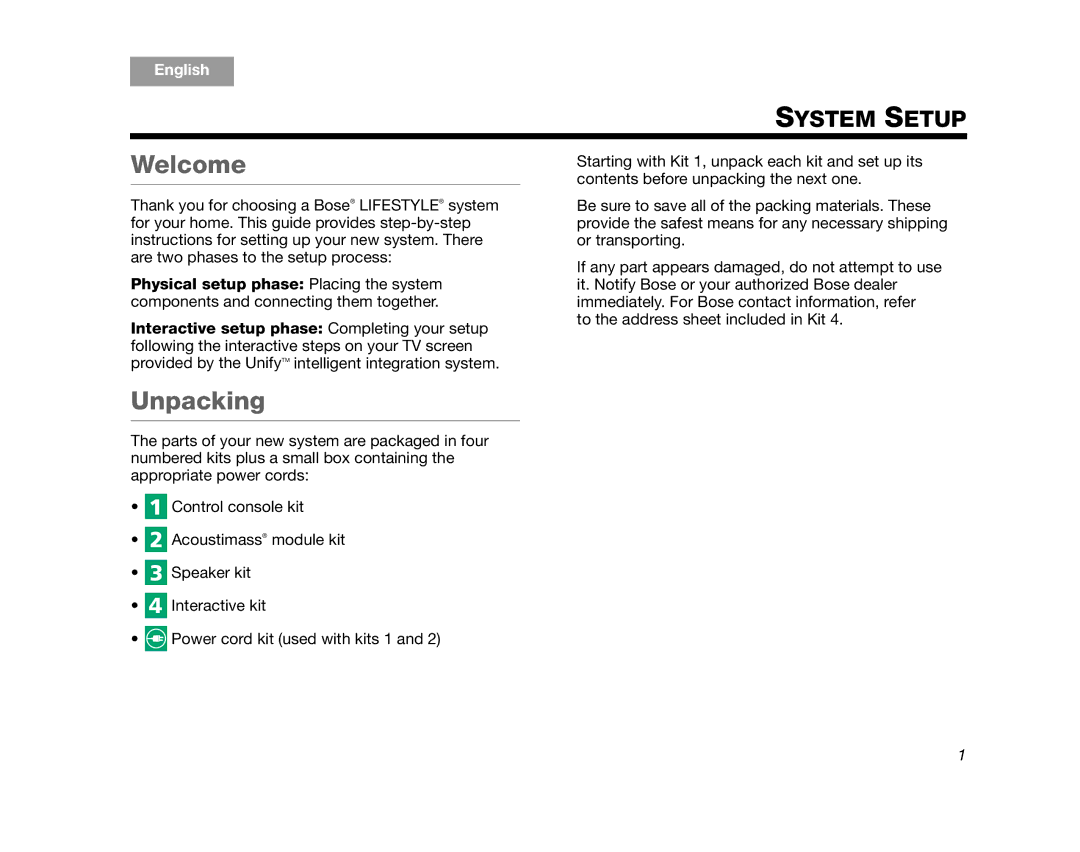 Bose AM324443 setup guide Welcome, Unpacking 