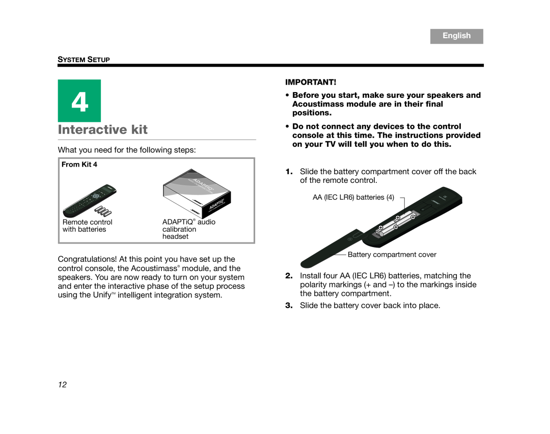 Bose AM324443 setup guide Interactive kit, English 