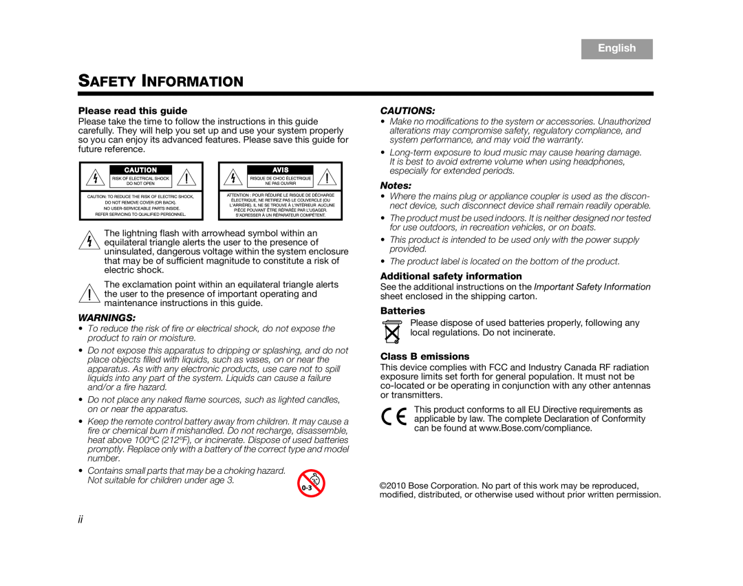 Bose AM324443 English, Safety Information, Please read this guide, Warnings, Cautions, Additional safety information 