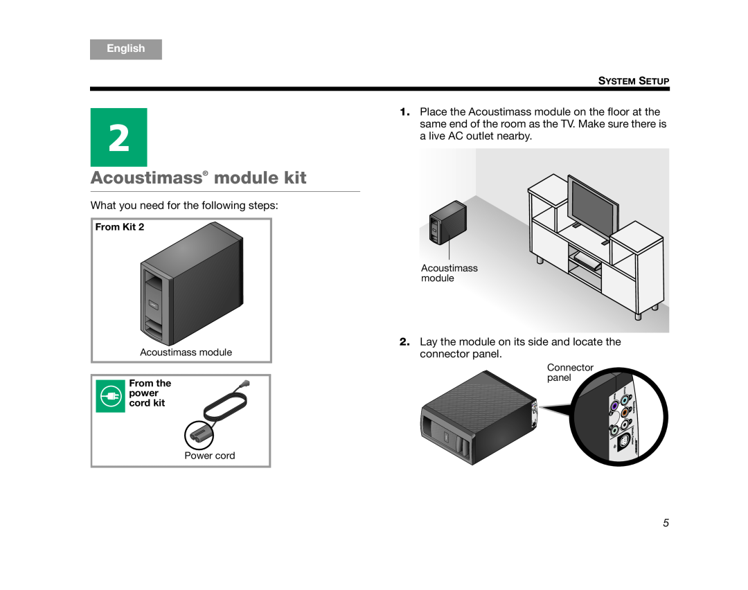Bose AM324443 setup guide Acoustimass module kit, English, From Kit, From the, power, cord kit, System Setup 