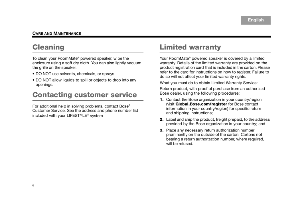 Bose AM325310 REV.00 manual Cleaning, Contacting customer service, Limited warranty 