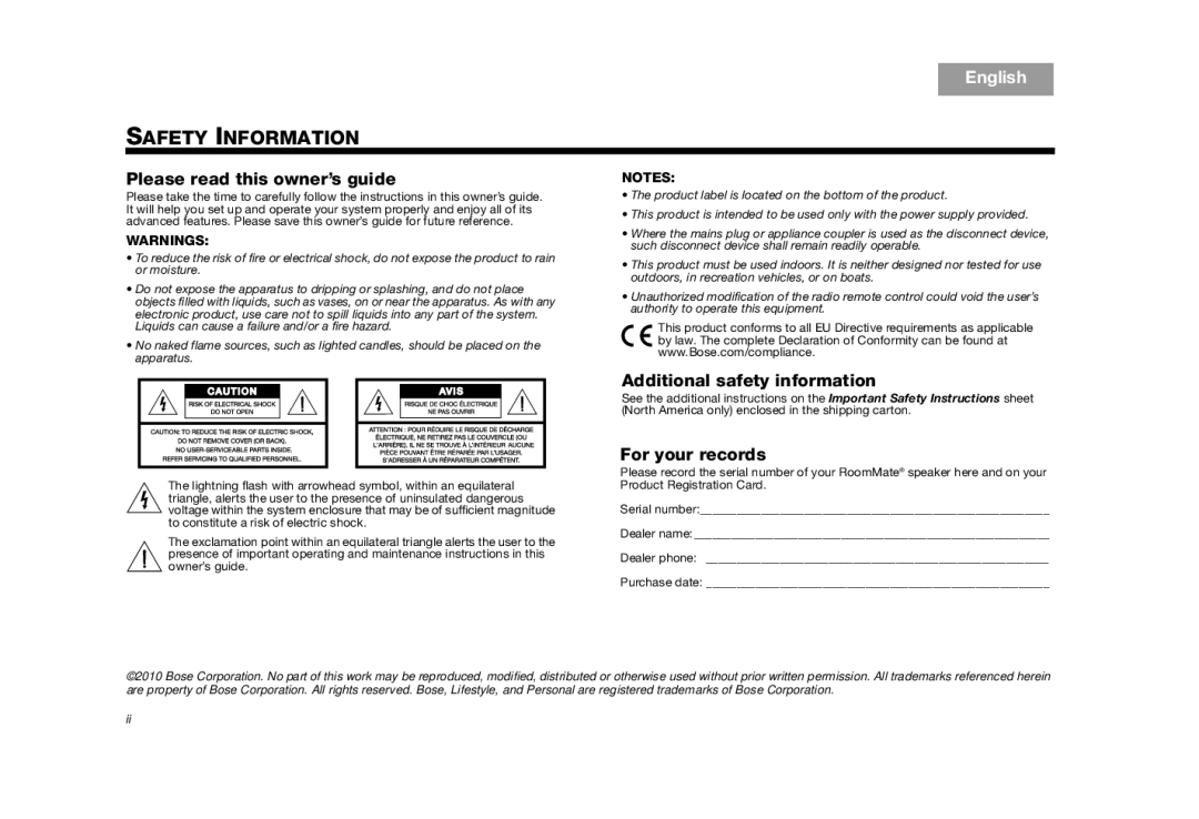 Bose AM325310 REV.00 manual Safety Information 