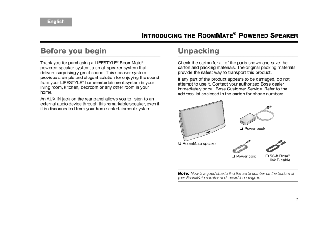 Bose AM325310 REV.00 manual Before you begin, Unpacking 