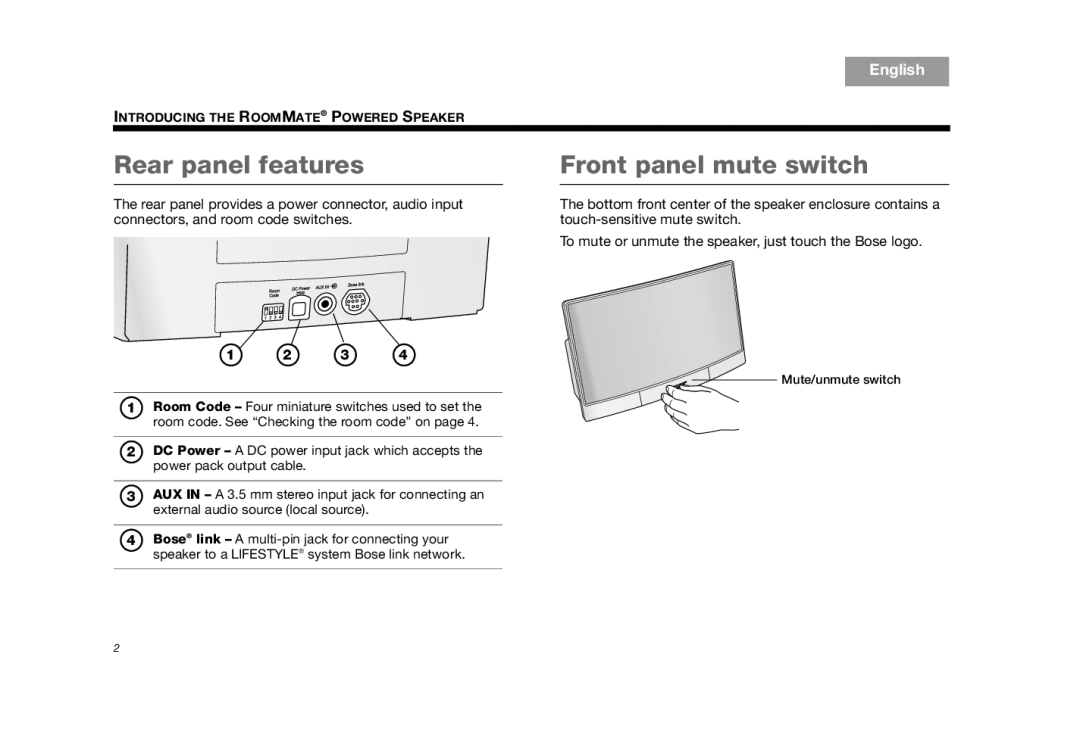 Bose AM325310 REV.00 manual Rear panel features, Front panel mute switch 