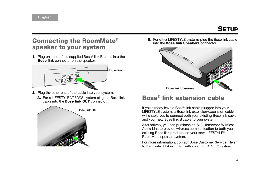 Bose AM325310 REV.00 manual Connecting the RoomMate speaker to your system, Bose link extension cable 