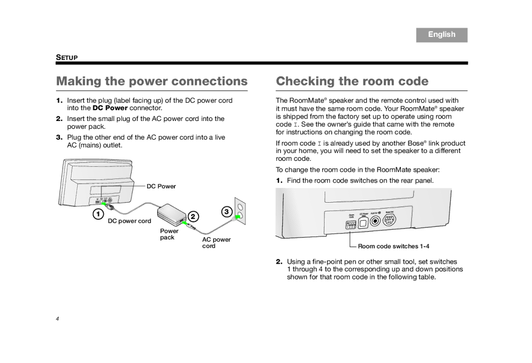 Bose AM325310 REV.00 manual Making the power connections, Checking the room code 