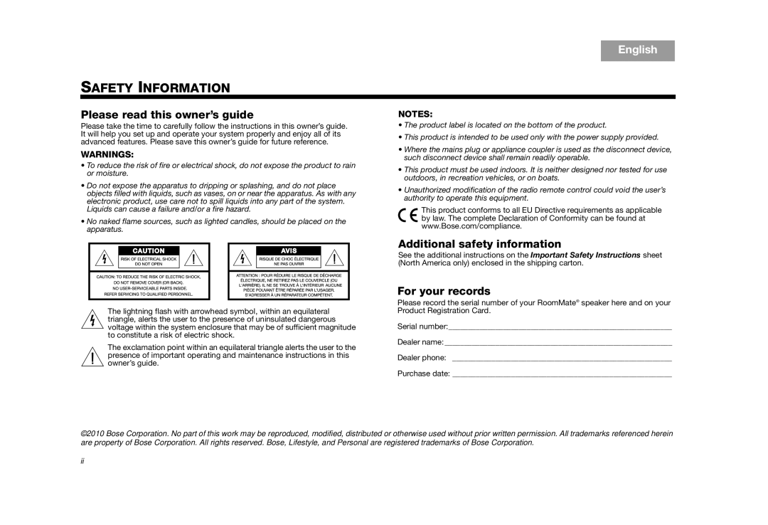 Bose AM325310 REV.00 Safety Information, English, Please read this owner’s guide, Additional safety information, Warnings 