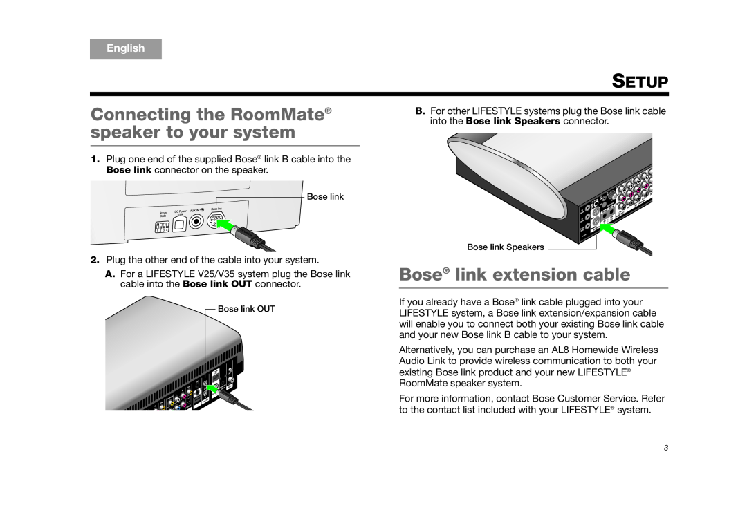 Bose AM325310 REV.00 manual Connecting the RoomMate speaker to your system, Bose link extension cable, Setup, English 