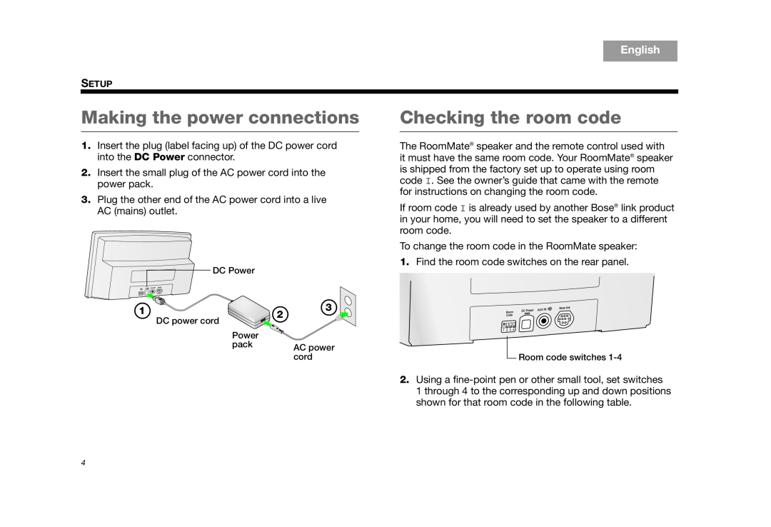 Bose AM325310 REV.00 manual Making the power connections, Checking the room code, English 