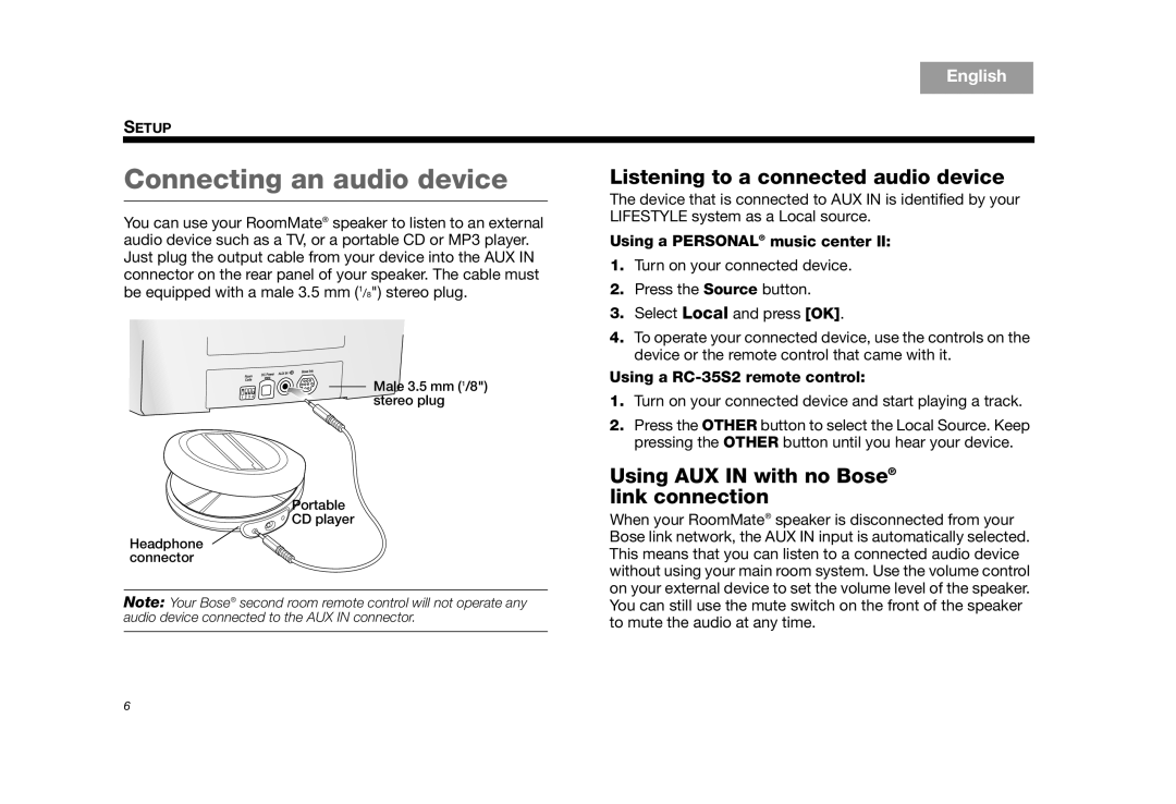 Bose AM325310 REV.00 Connecting an audio device, Using a PERSONAL music center, Using a RC-35S2remote control, English 