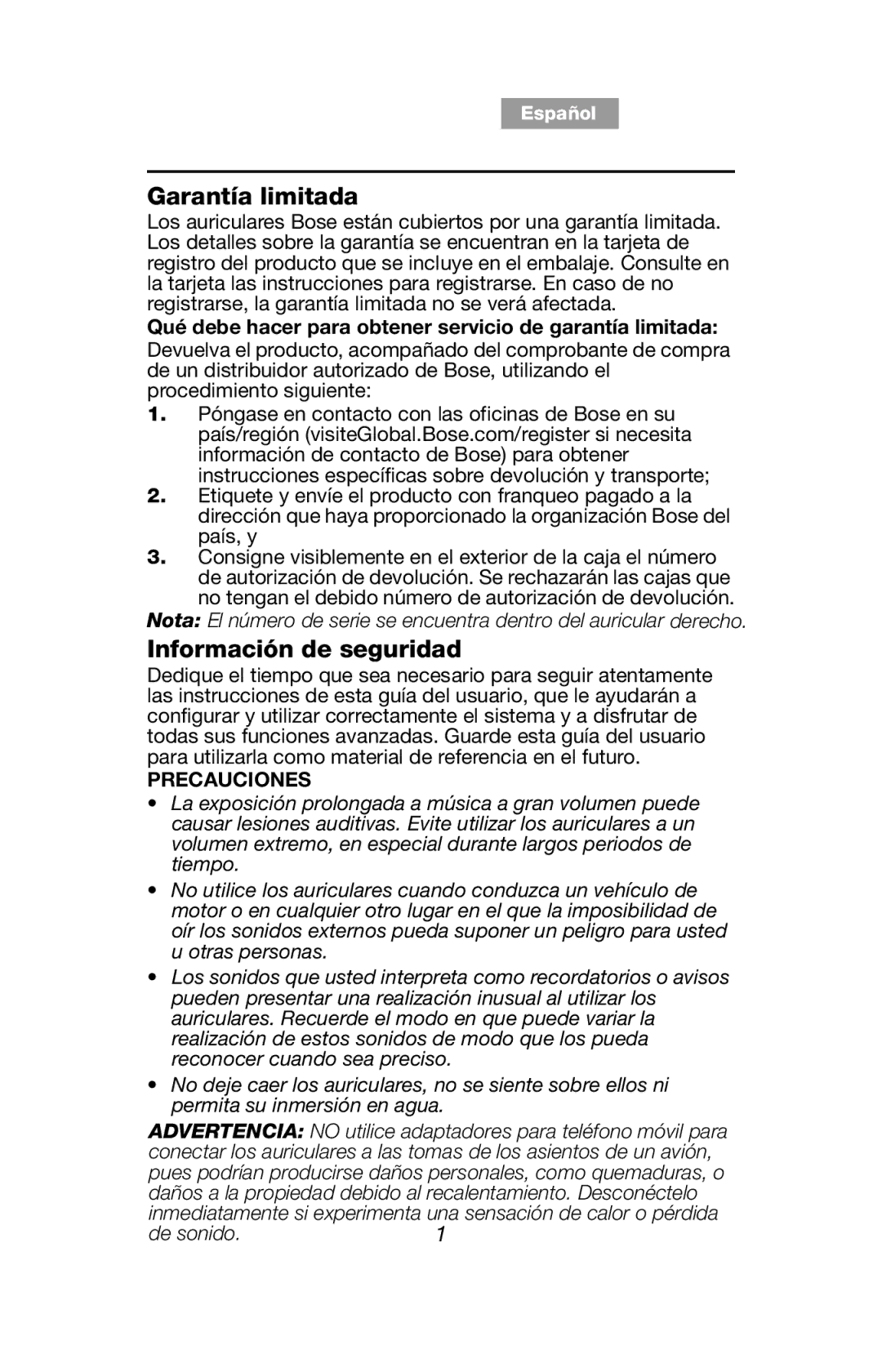 Bose AM329539 manual Garantía limitada, Información de seguridad, Qué debe hacer para obtener servicio de garantía limitada 