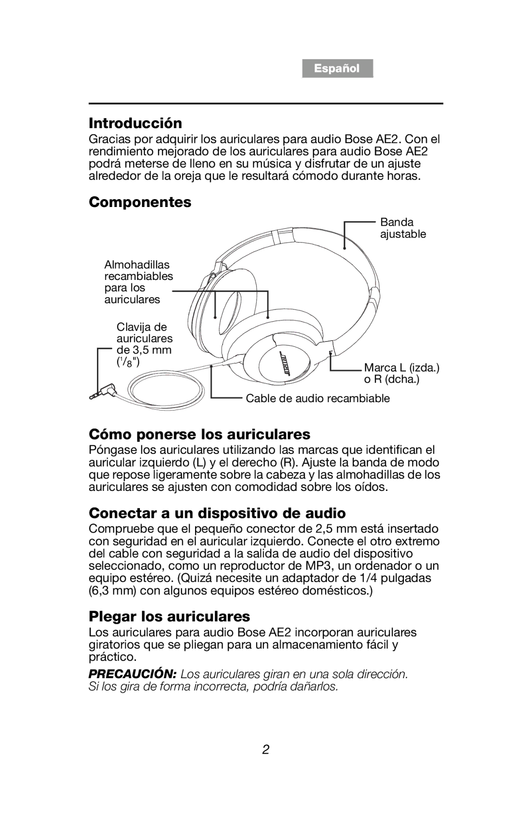 Bose AM329539 manual Introducción, Componentes, Cómo ponerse los auriculares, Conectar a un dispositivo de audio 