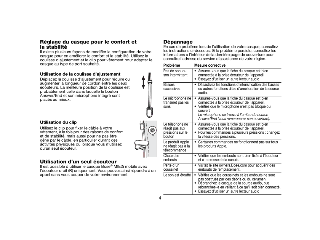 Bose AM331087 manual Réglage du casque pour le confort et la stabilité, Utilisation d’un seul écouteur, Dépannage 