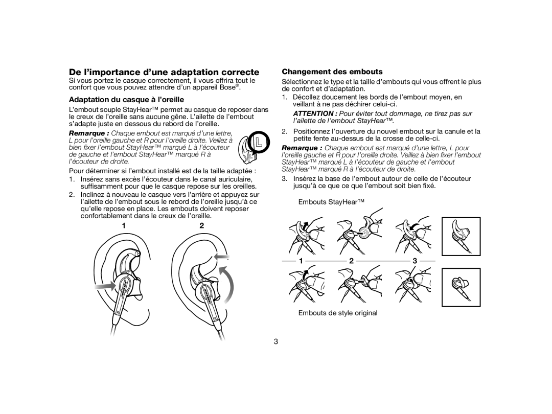 Bose AM331087 manual De l’importance d’une adaptation correcte, Adaptation du casque à l’oreille, Changement des embouts 
