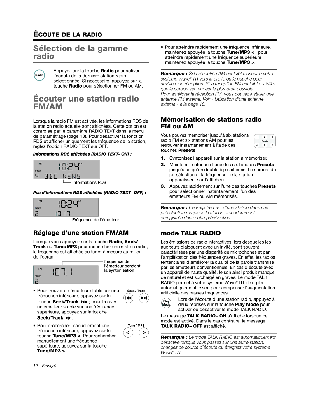 Bose AM352156 manual Sélection de la gamme radio, Écouter une station radio FM/AM, Seek/Track 