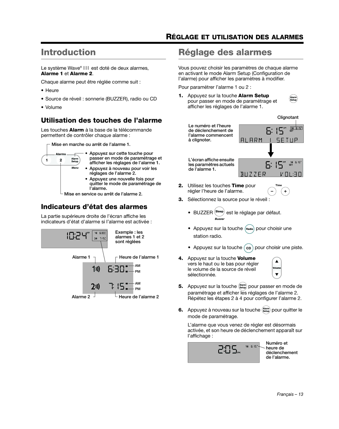 Bose AM352156 manual Réglage des alarmes, Utilisation des touches de l’alarme 