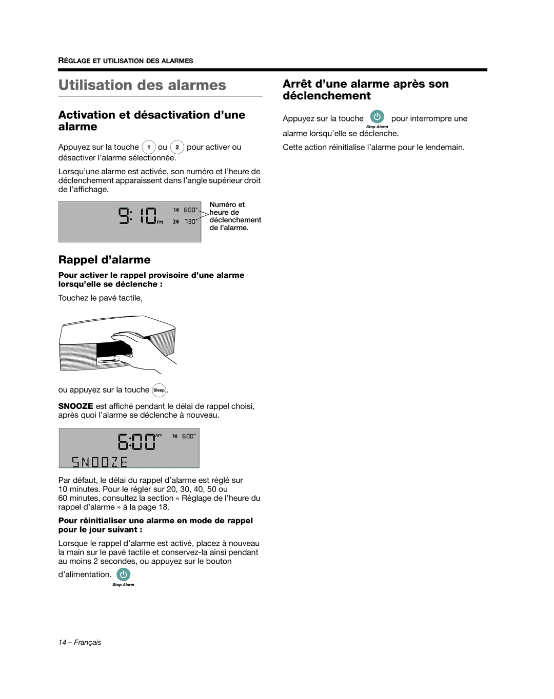 Bose AM352156 manual Utilisation des alarmes, Activation et désactivation d’une alarme 