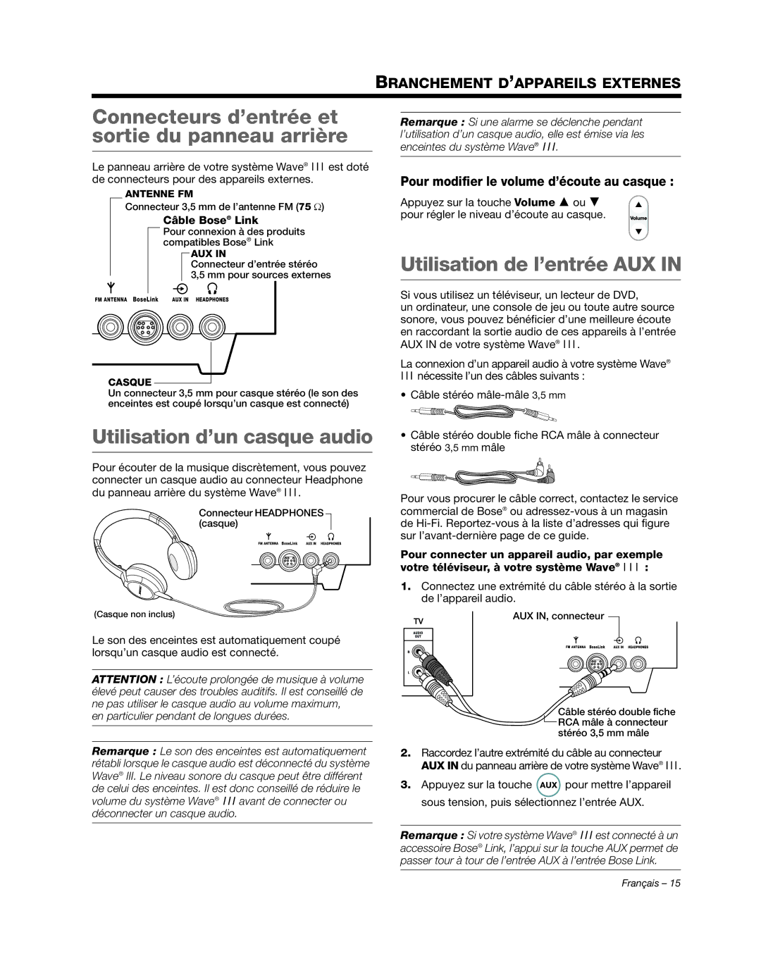 Bose AM352156 manual Connecteurs d’entrée et sortie du panneau arrière, Utilisation d’un casque audio, Câble Bose Link 