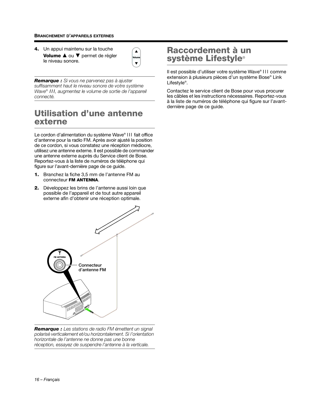 Bose AM352156 manual Utilisation d’une antenne externe, Raccordement à un système Lifestyle 