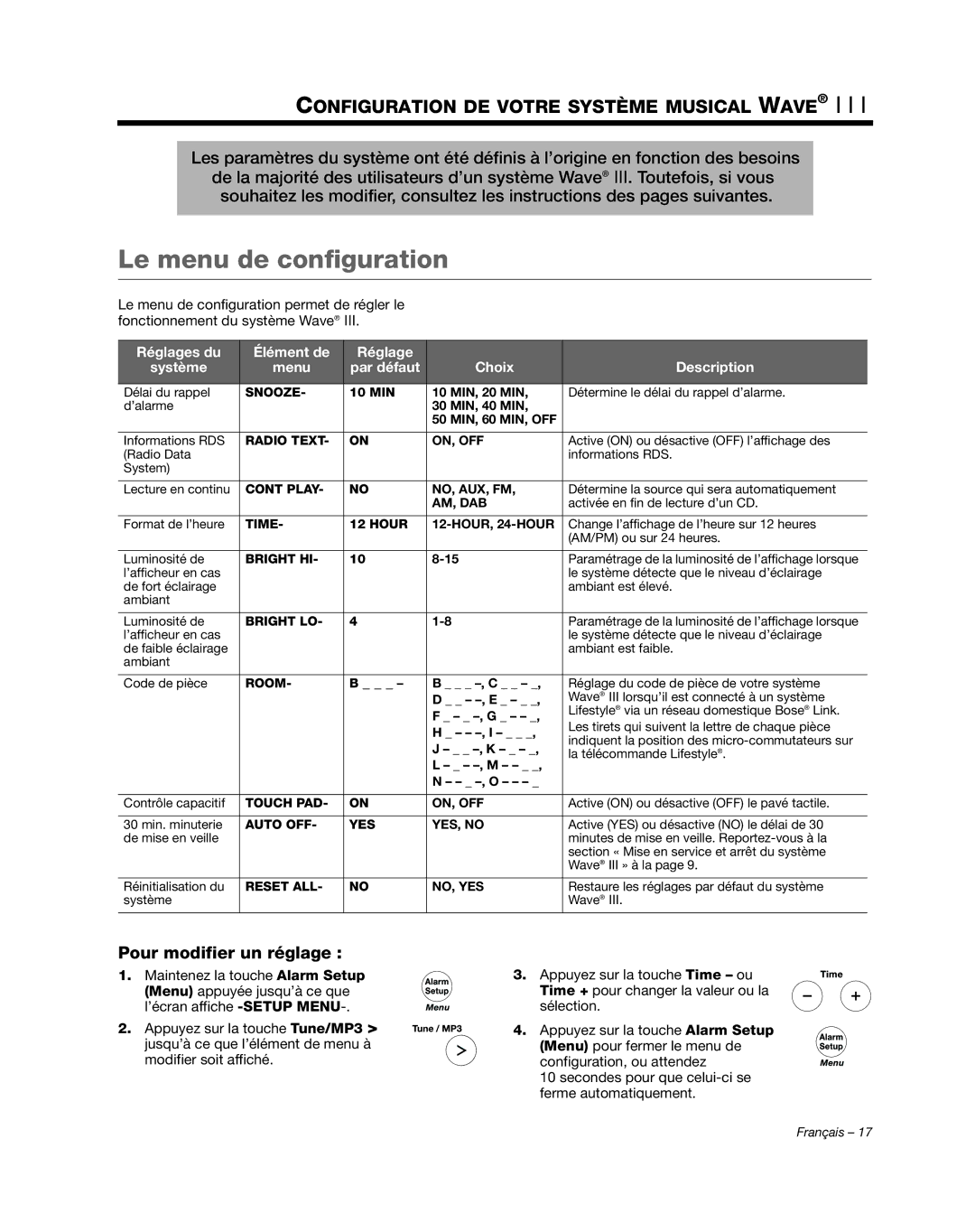 Bose AM352156 manual Le menu de configuration, Configuration DE Votre Système Musical Wave 